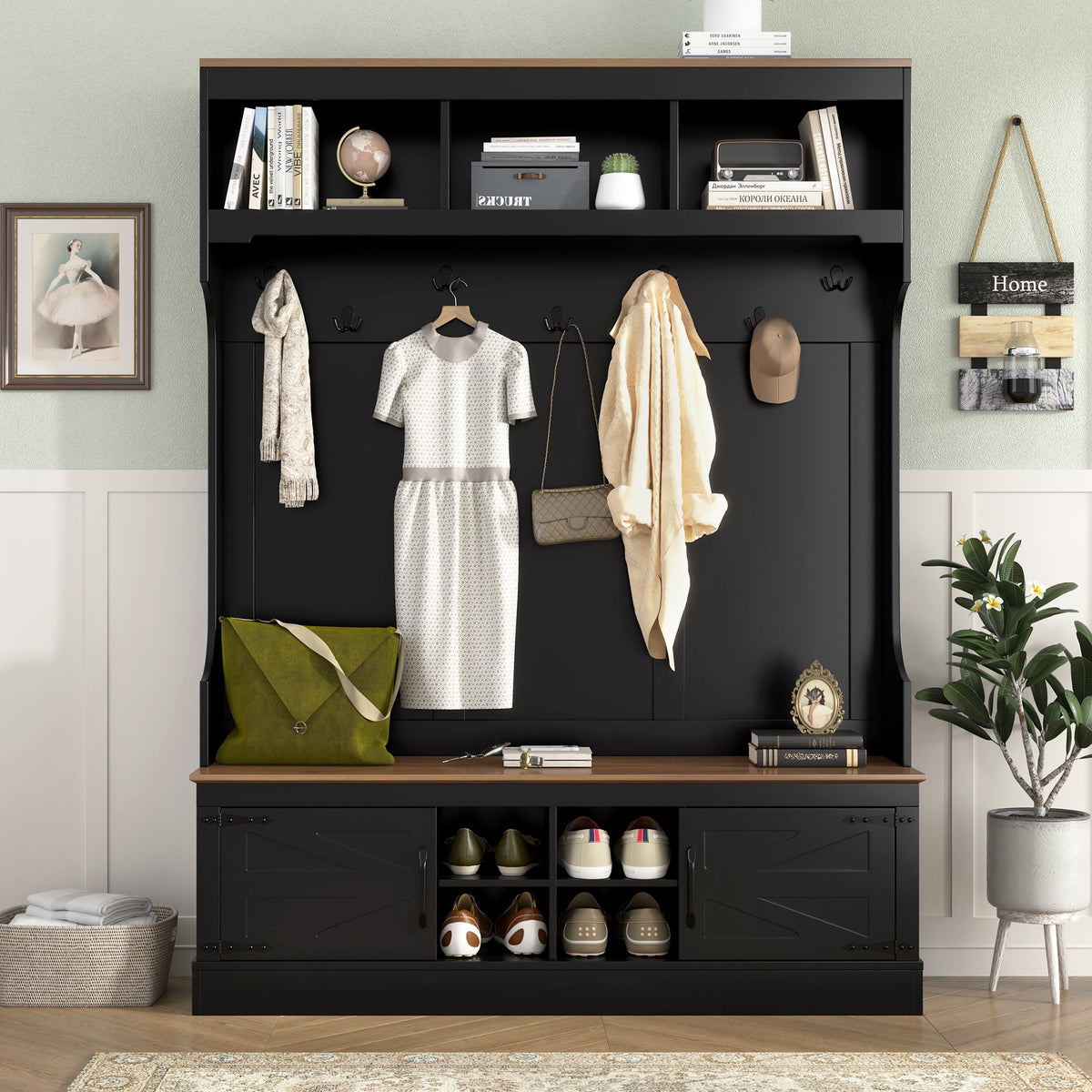 Farmhouse Hall Tree with Bench & Shoe Storage
