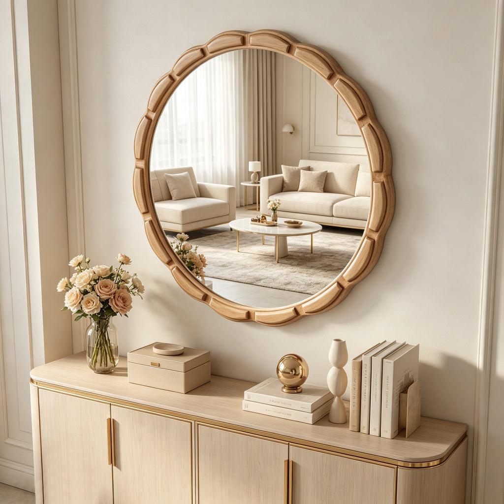 31.5-Inch Carved Wood Round Farmhouse Mirror