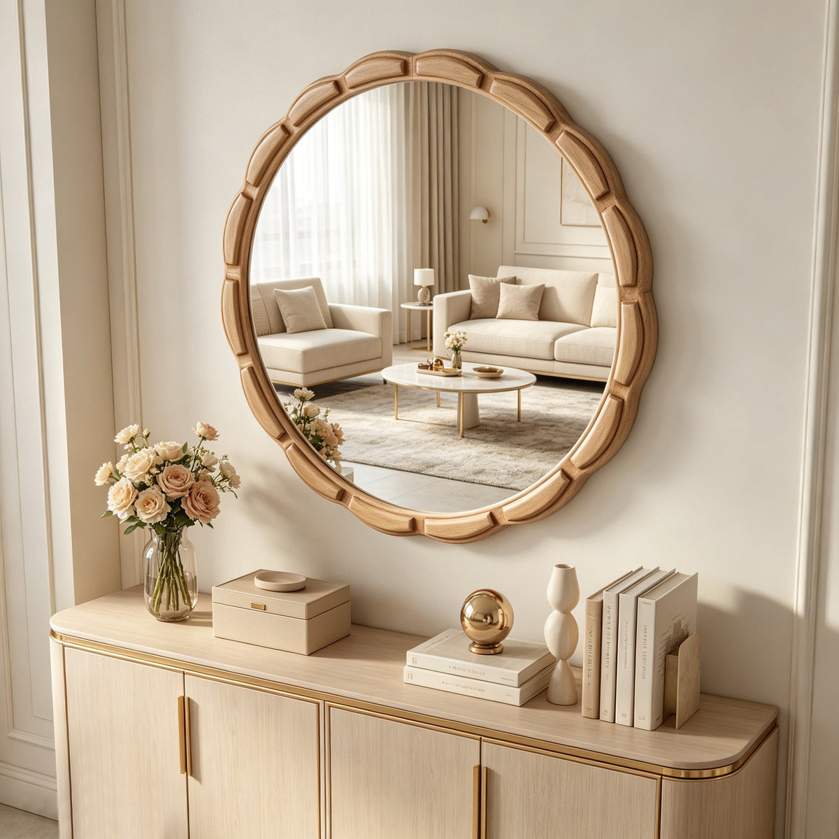 31.5-Inch Carved Wood Round Farmhouse Mirror