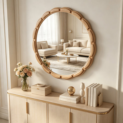 31.5-Inch Carved Wood Round Farmhouse Mirror