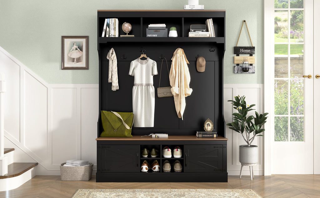 Farmhouse Hall Tree with Bench & Shoe Storage