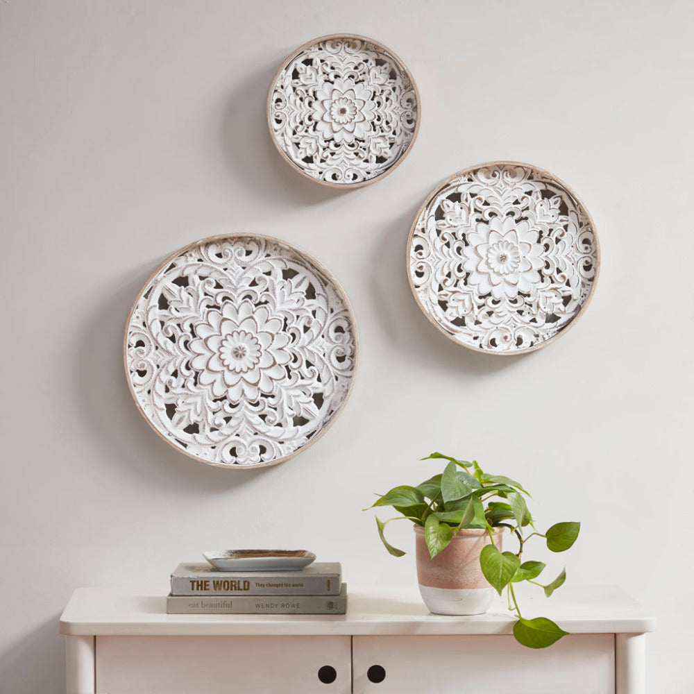 Distressed White Carved Farmhouse Wall Medallions – Set of 3