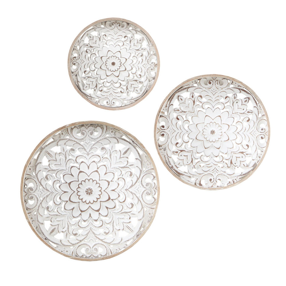 Distressed White Carved Farmhouse Wall Medallions – Set of 3