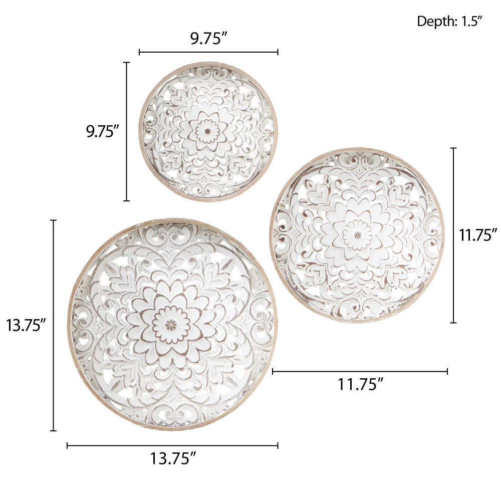 Distressed White Carved Farmhouse Wall Medallions – Set of 3