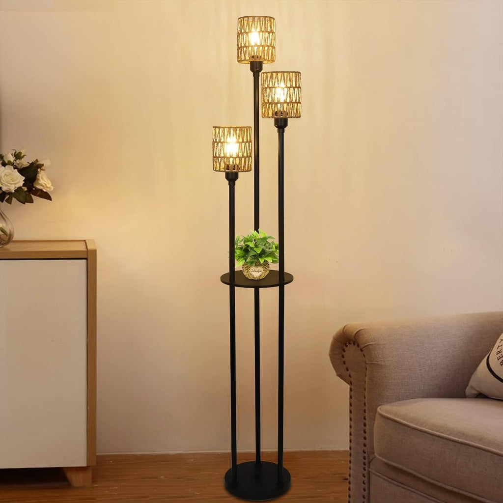 3-Light Rattan Farmhouse Floor Lamp with Shelf