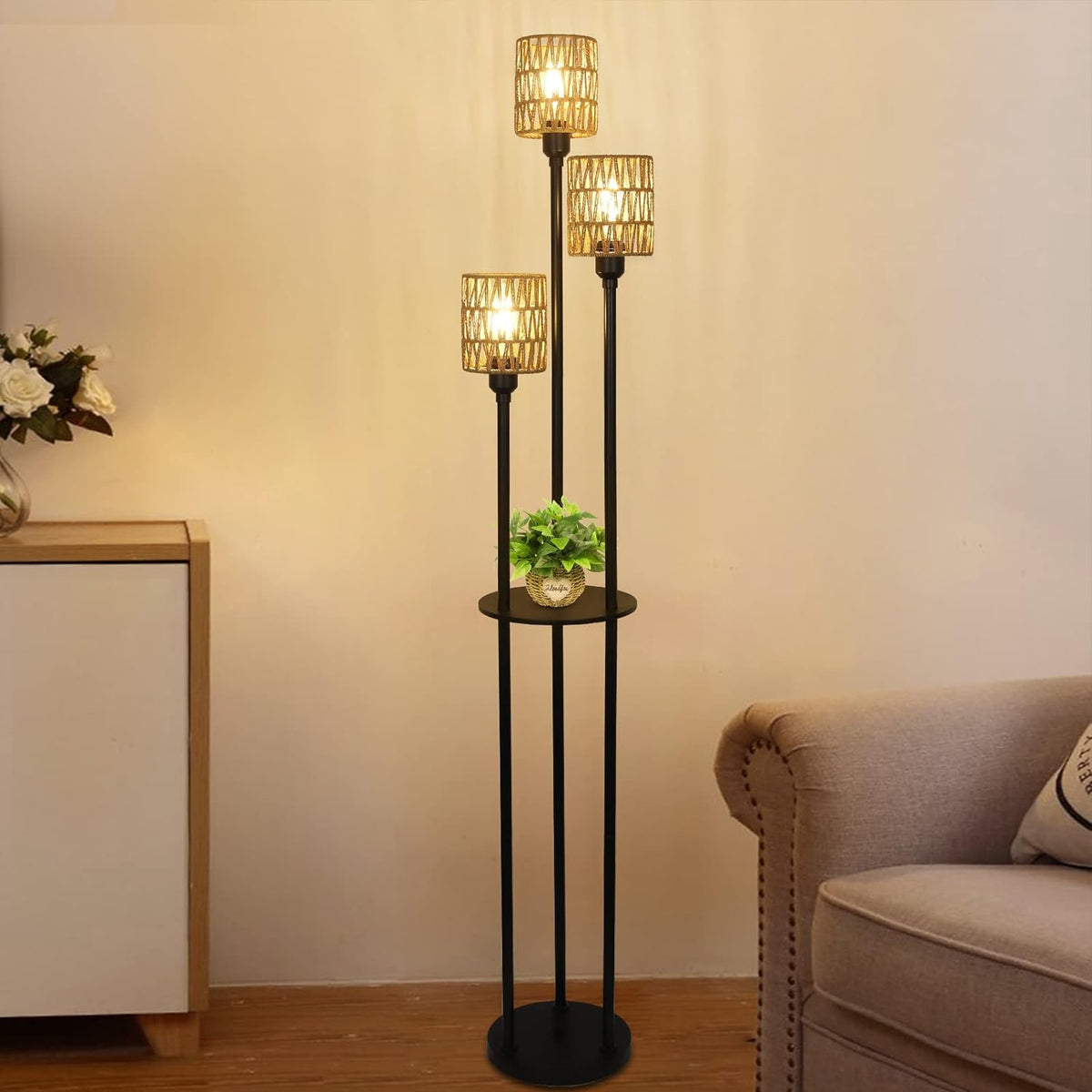 3-Light Rattan Farmhouse Floor Lamp with Shelf