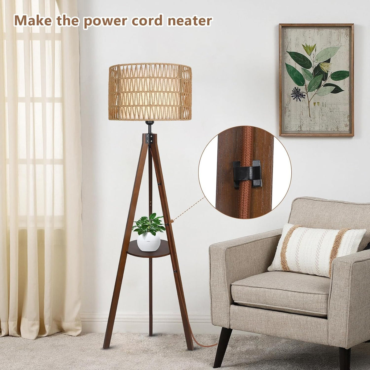Boho Farmhouse Tripod Floor Lamp with Shelves
