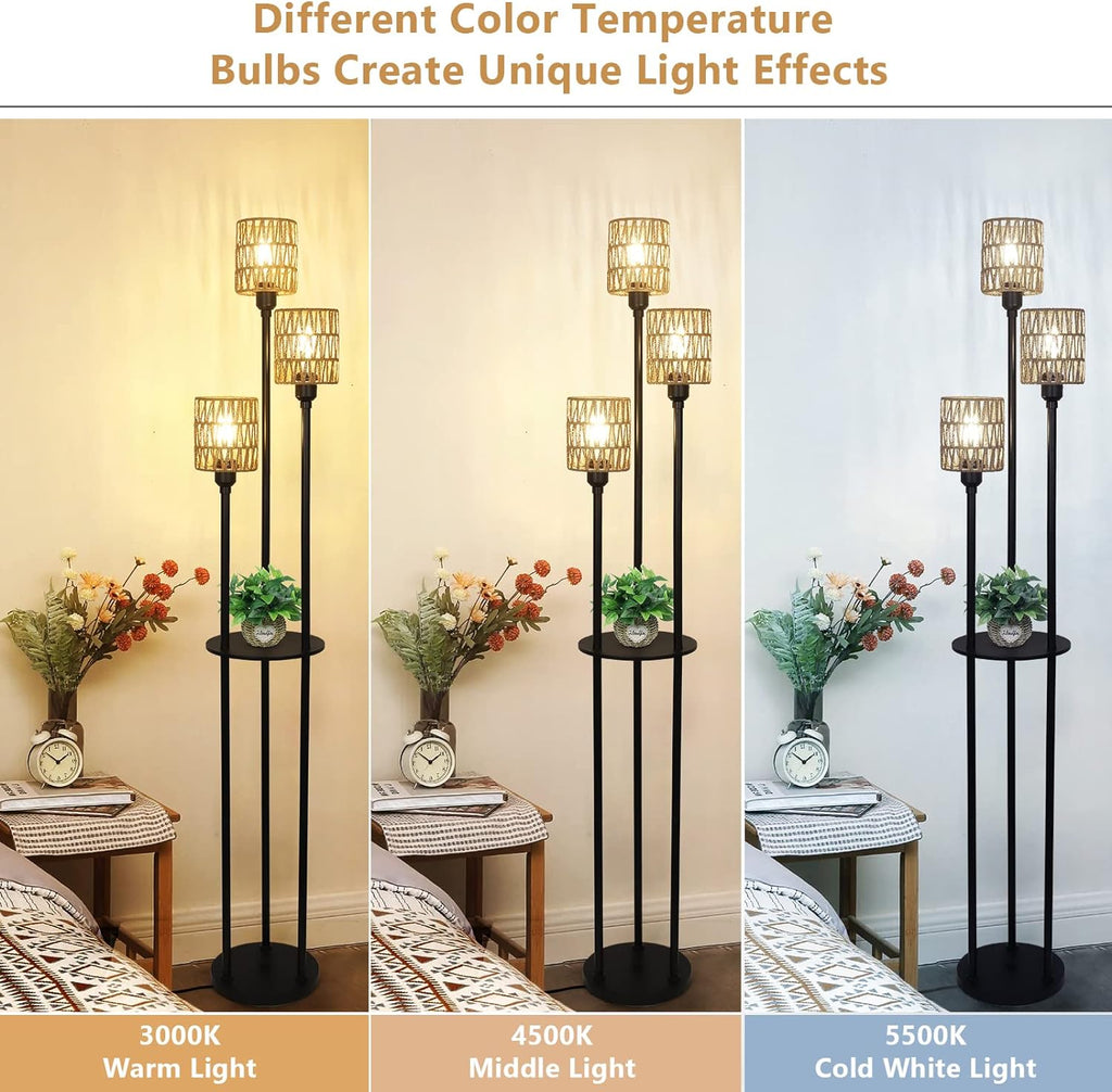 3-Light Rattan Farmhouse Floor Lamp with Shelf