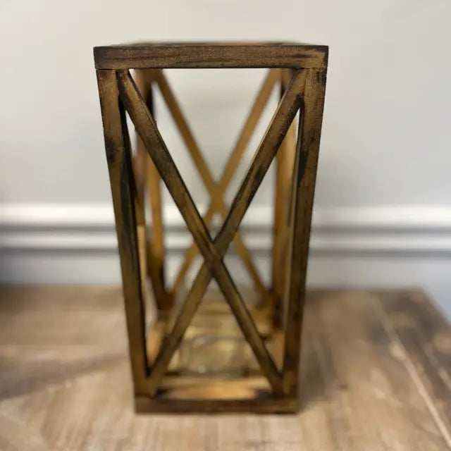 Rustic Wooden Farmhouse Lanterns with Glass Votives – Set of 2