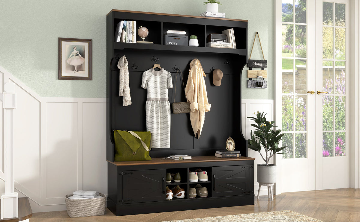 Farmhouse Hall Tree with Bench & Shoe Storage