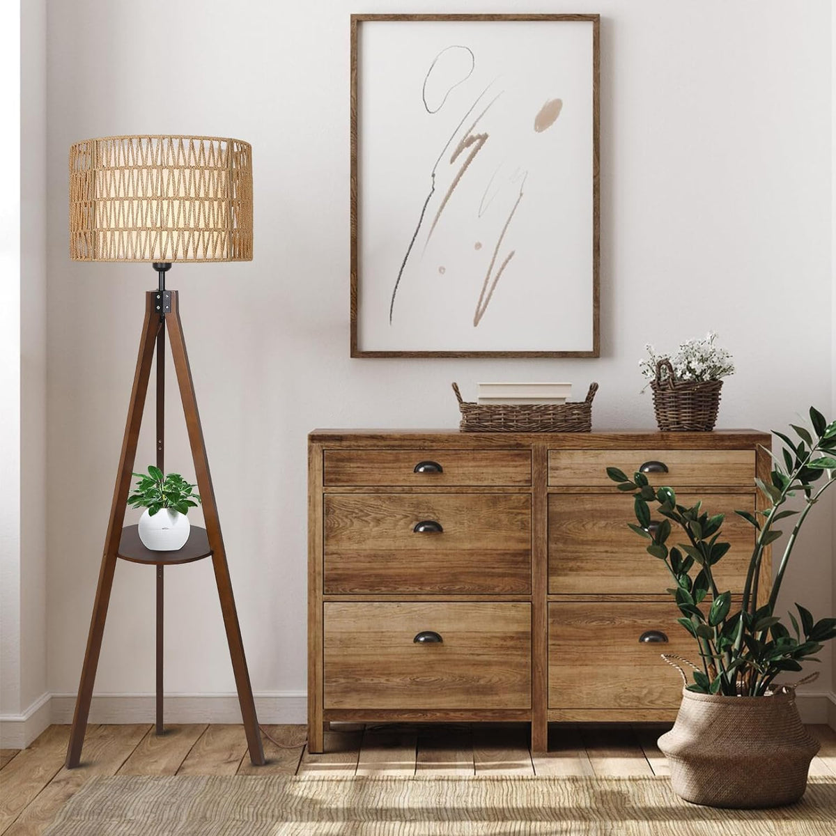 Boho Farmhouse Tripod Floor Lamp with Shelves