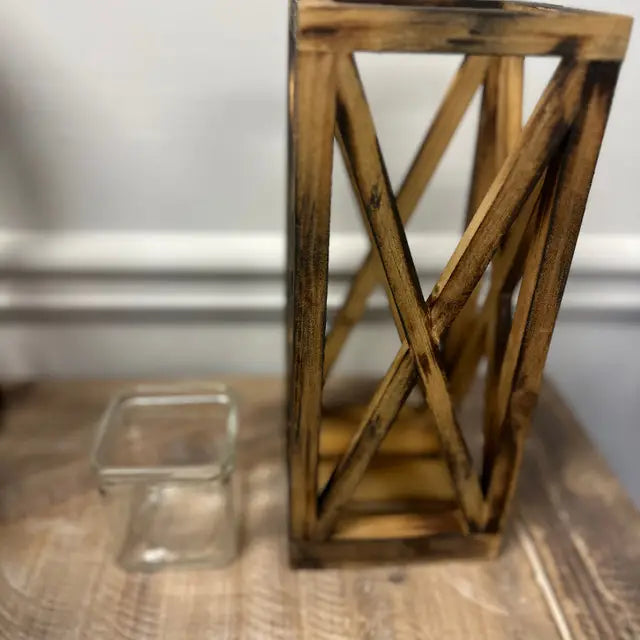 Rustic Wooden Farmhouse Lanterns with Glass Votives – Set of 2