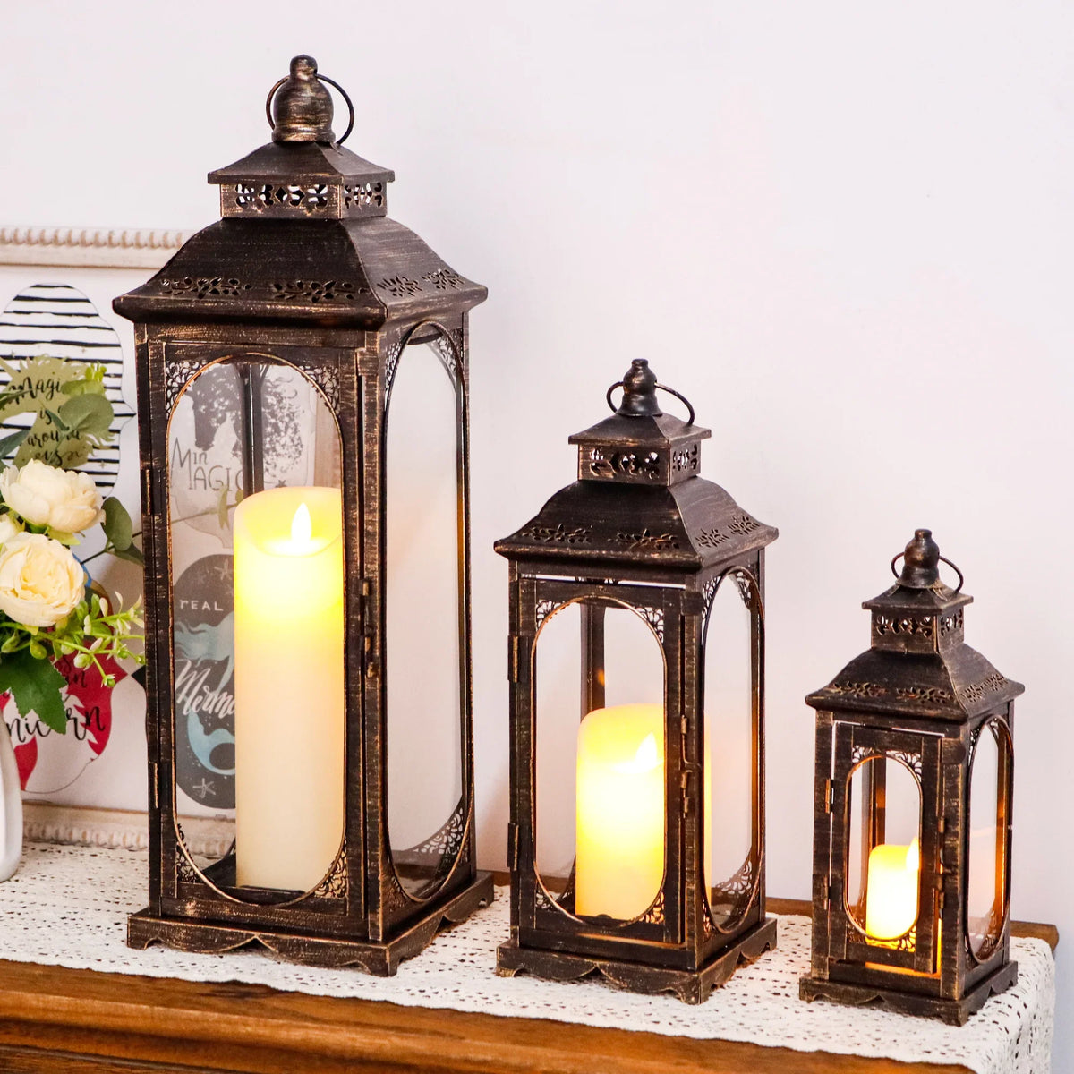 Vintage Farmhouse Candle Lanterns – Set of 3
