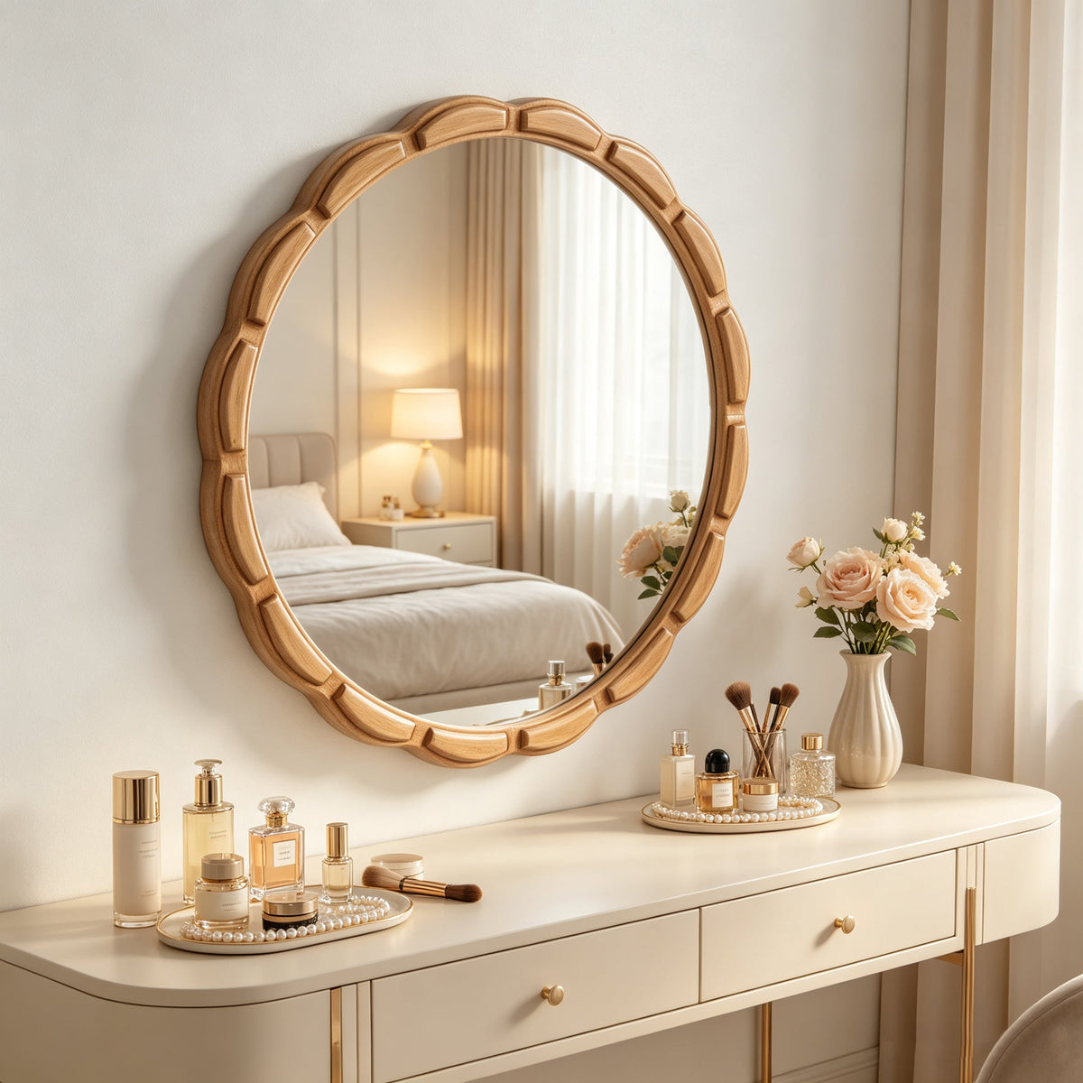 31.5-Inch Carved Wood Round Farmhouse Mirror