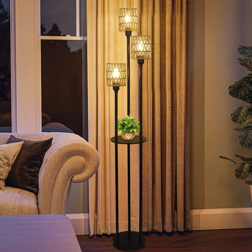 3-Light Rattan Farmhouse Floor Lamp with Shelf
