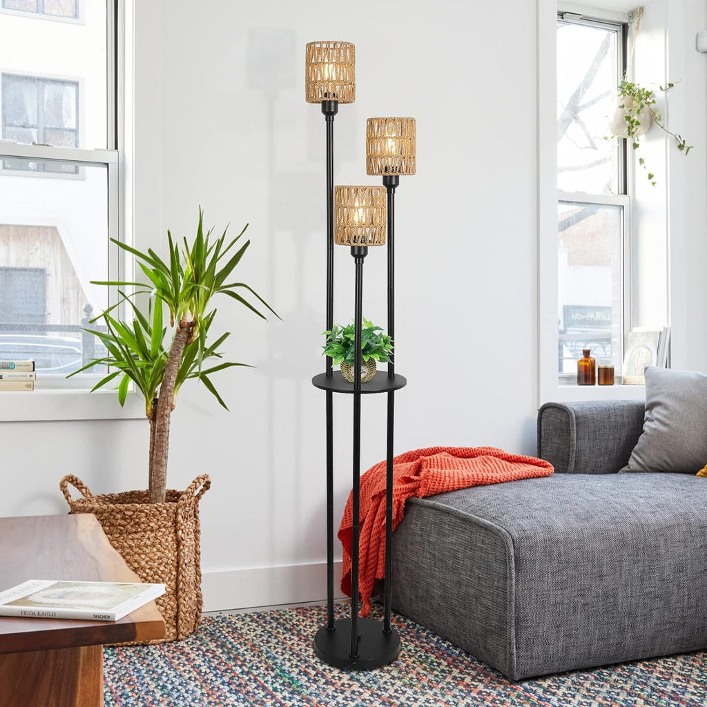 3-Light Rattan Farmhouse Floor Lamp with Shelf
