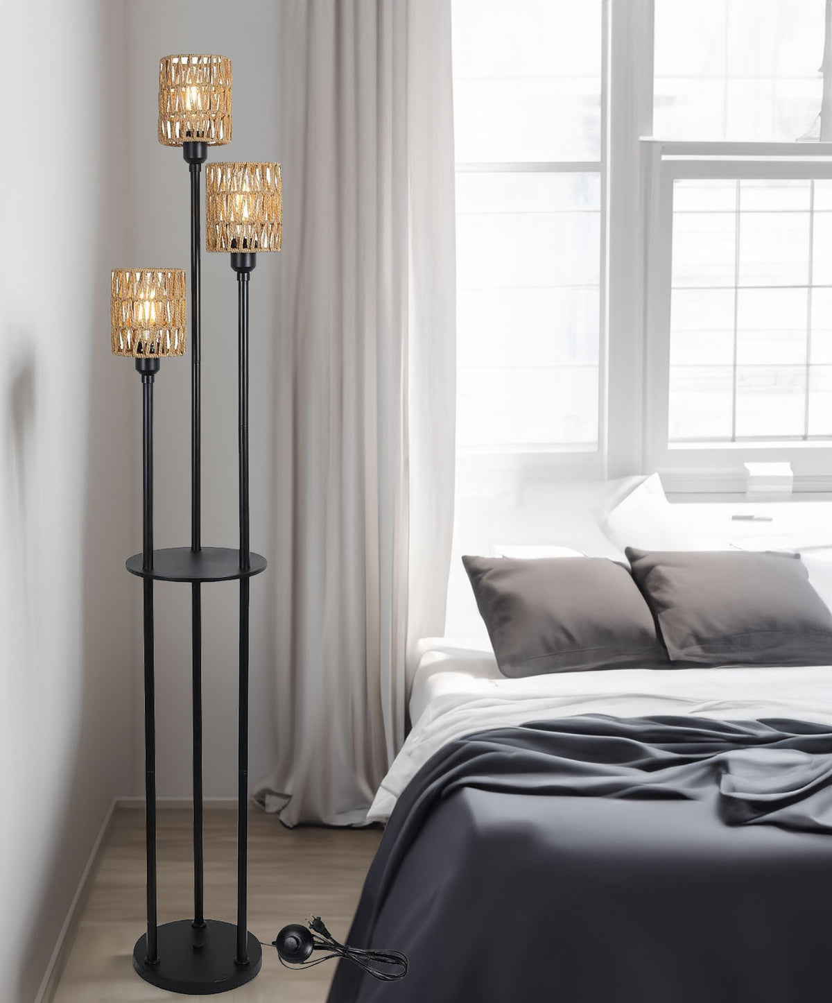 3-Light Rattan Farmhouse Floor Lamp with Shelf
