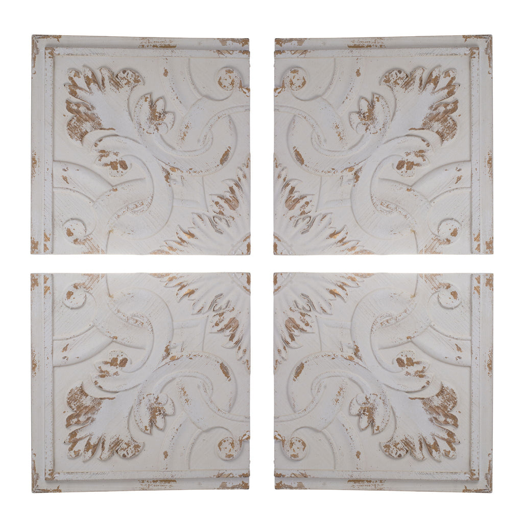 Distressed White Carved Wood Wall Panels – Set of 4