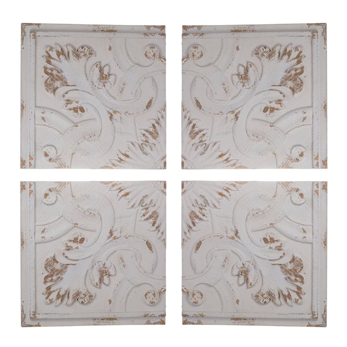 Distressed White Carved Wood Wall Panels – Set of 4