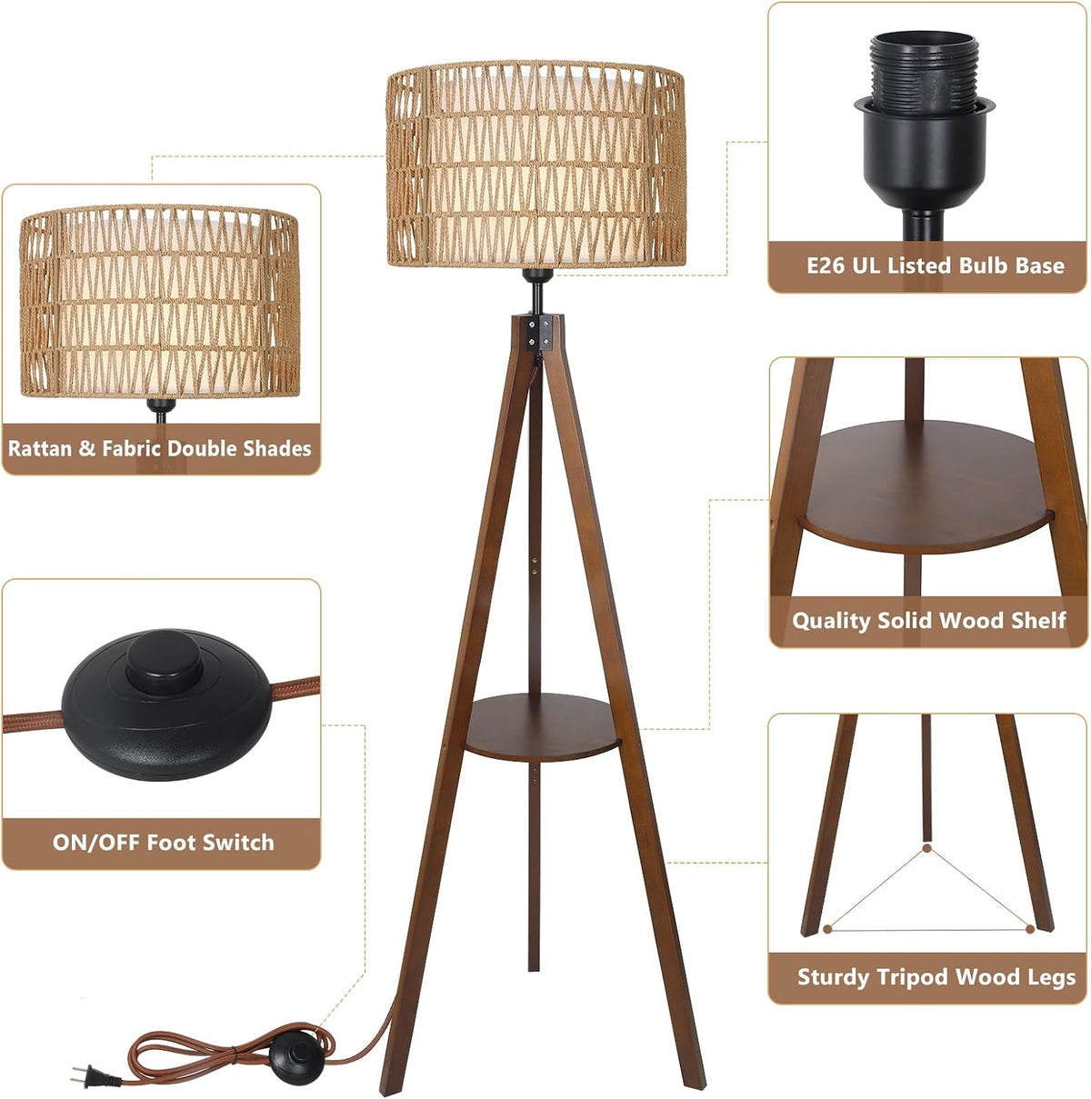 Boho Farmhouse Tripod Floor Lamp with Shelves