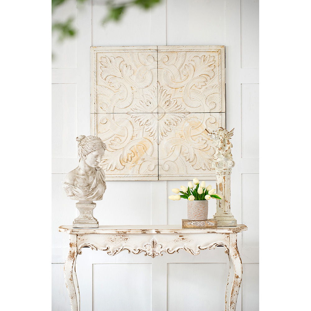 Distressed White Carved Wood Wall Panels – Set of 4