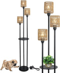 3-Light Rattan Farmhouse Floor Lamp with Shelf