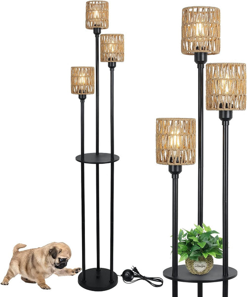 3-Light Rattan Farmhouse Floor Lamp with Shelf