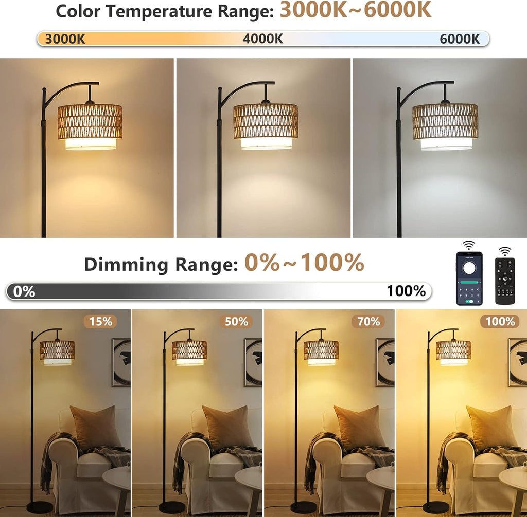 Dimmable Farmhouse Arc Floor Lamp with Remote