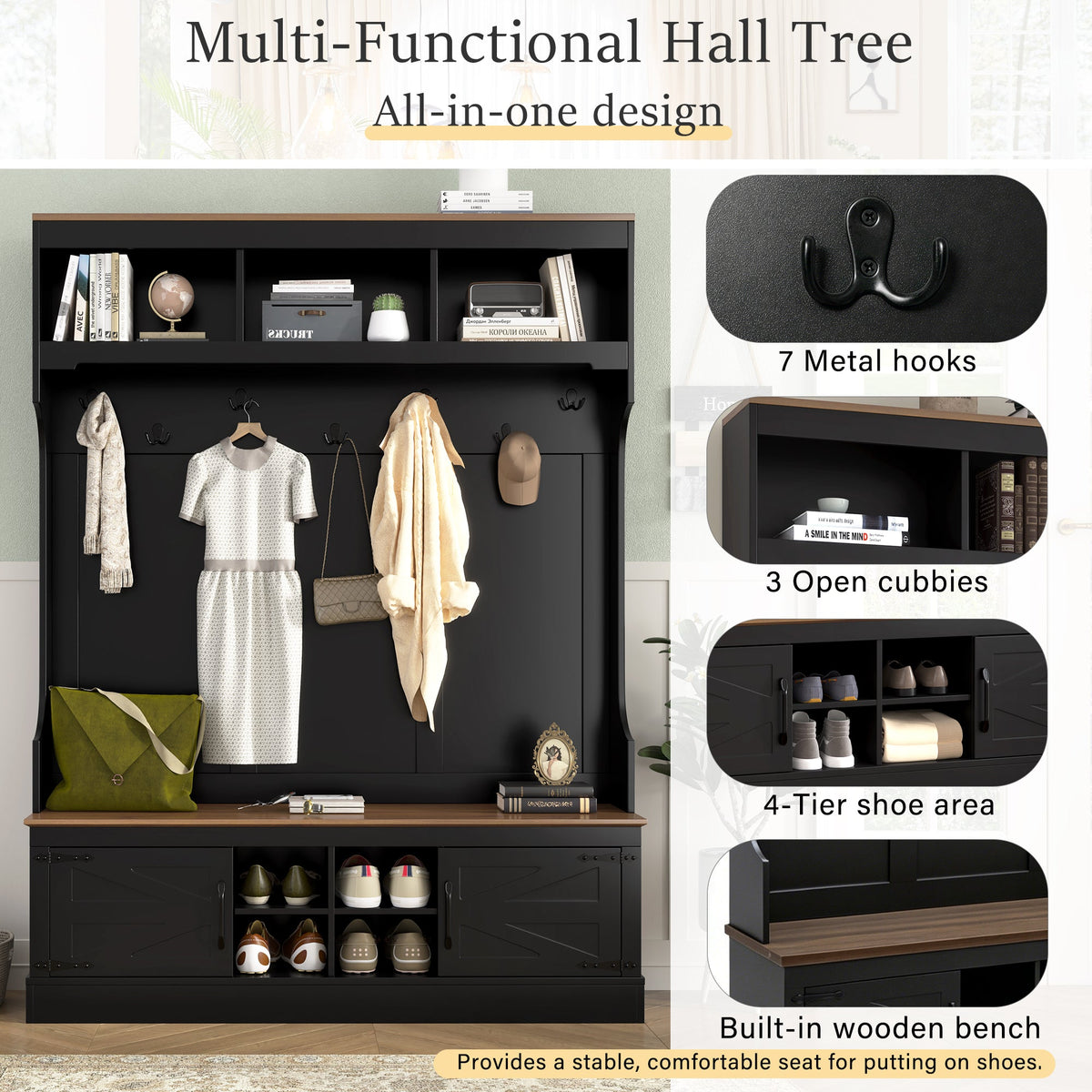 Farmhouse Hall Tree with Bench & Shoe Storage