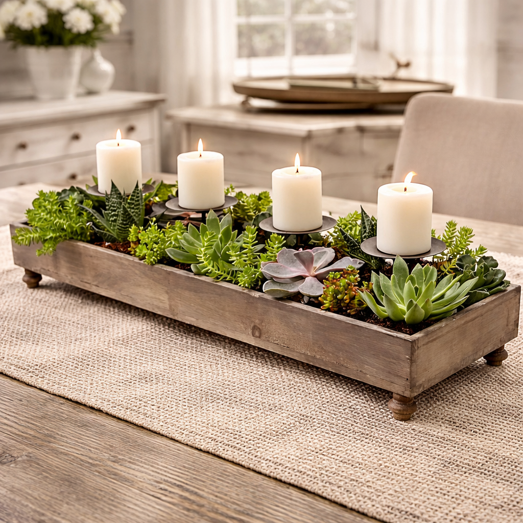 Reclaimed Pine Farmhouse Four-Candle Centerpiece