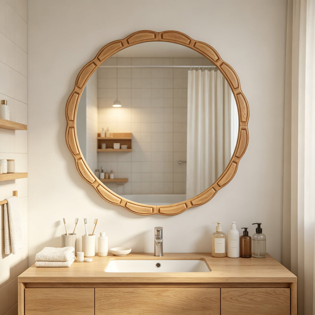 31.5-Inch Carved Wood Round Farmhouse Mirror