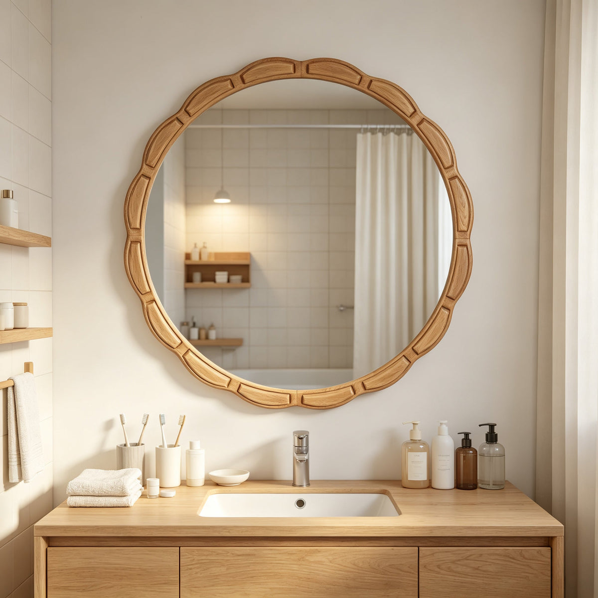 31.5-Inch Carved Wood Round Farmhouse Mirror