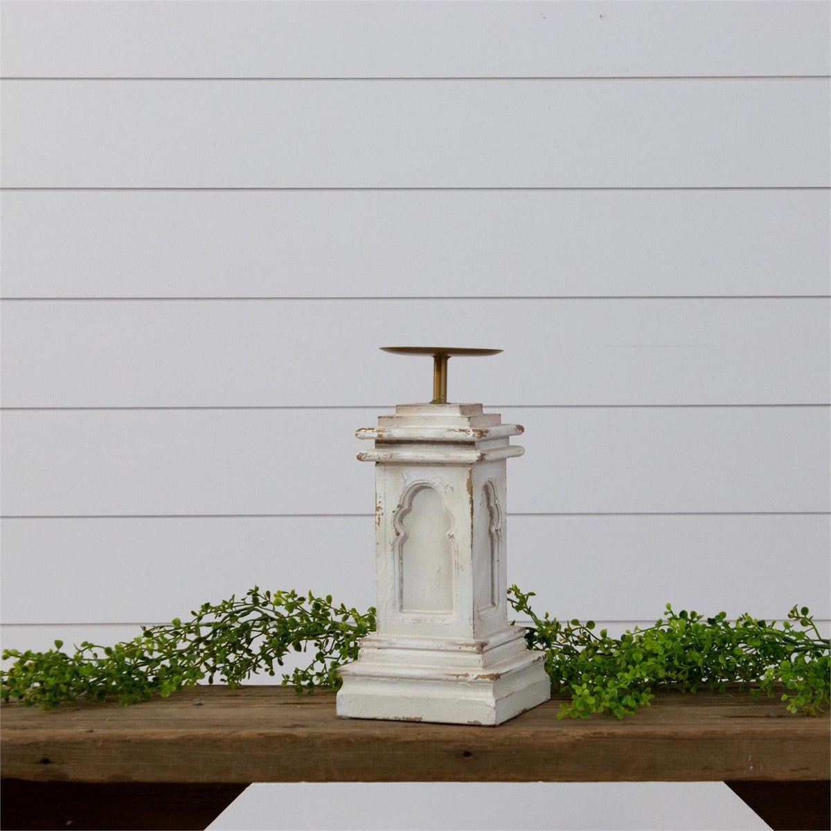 Distressed White Farmhouse Pillar Candle Holder