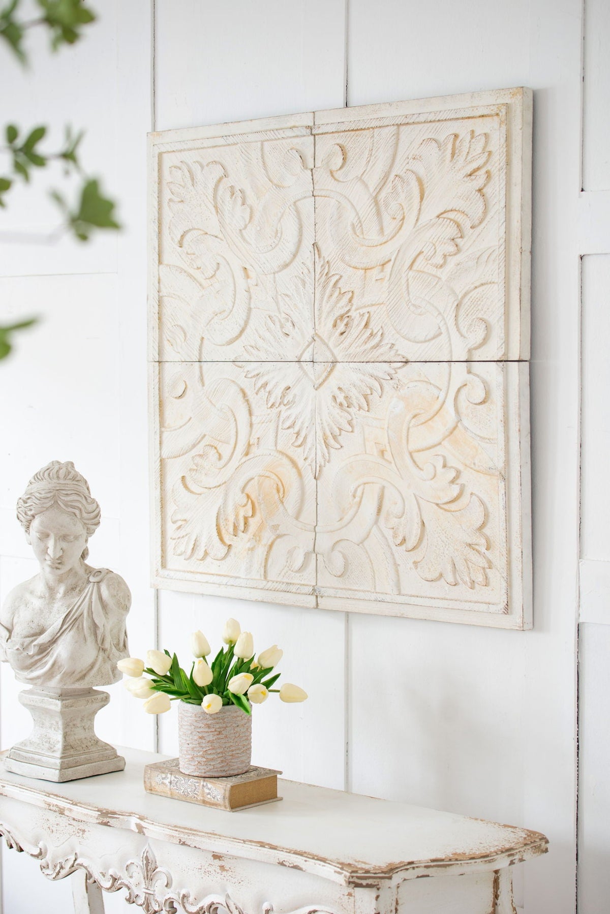 Distressed White Carved Wood Wall Panels – Set of 4