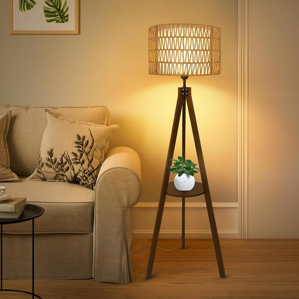 Boho Farmhouse Tripod Floor Lamp with Shelves