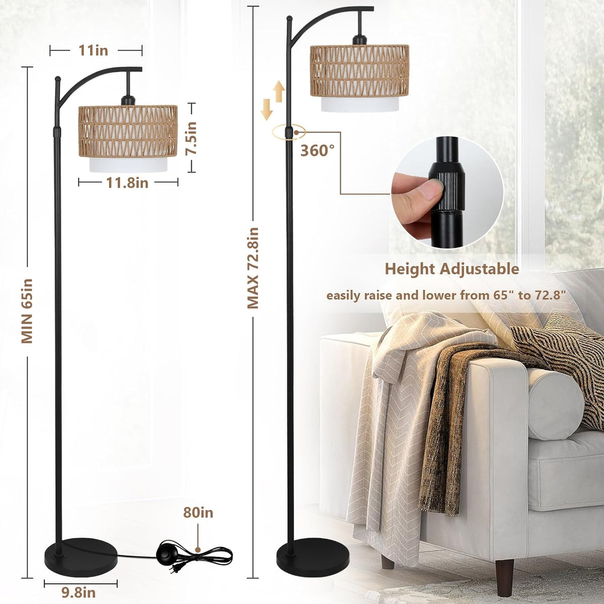 Dimmable Farmhouse Arc Floor Lamp with Remote