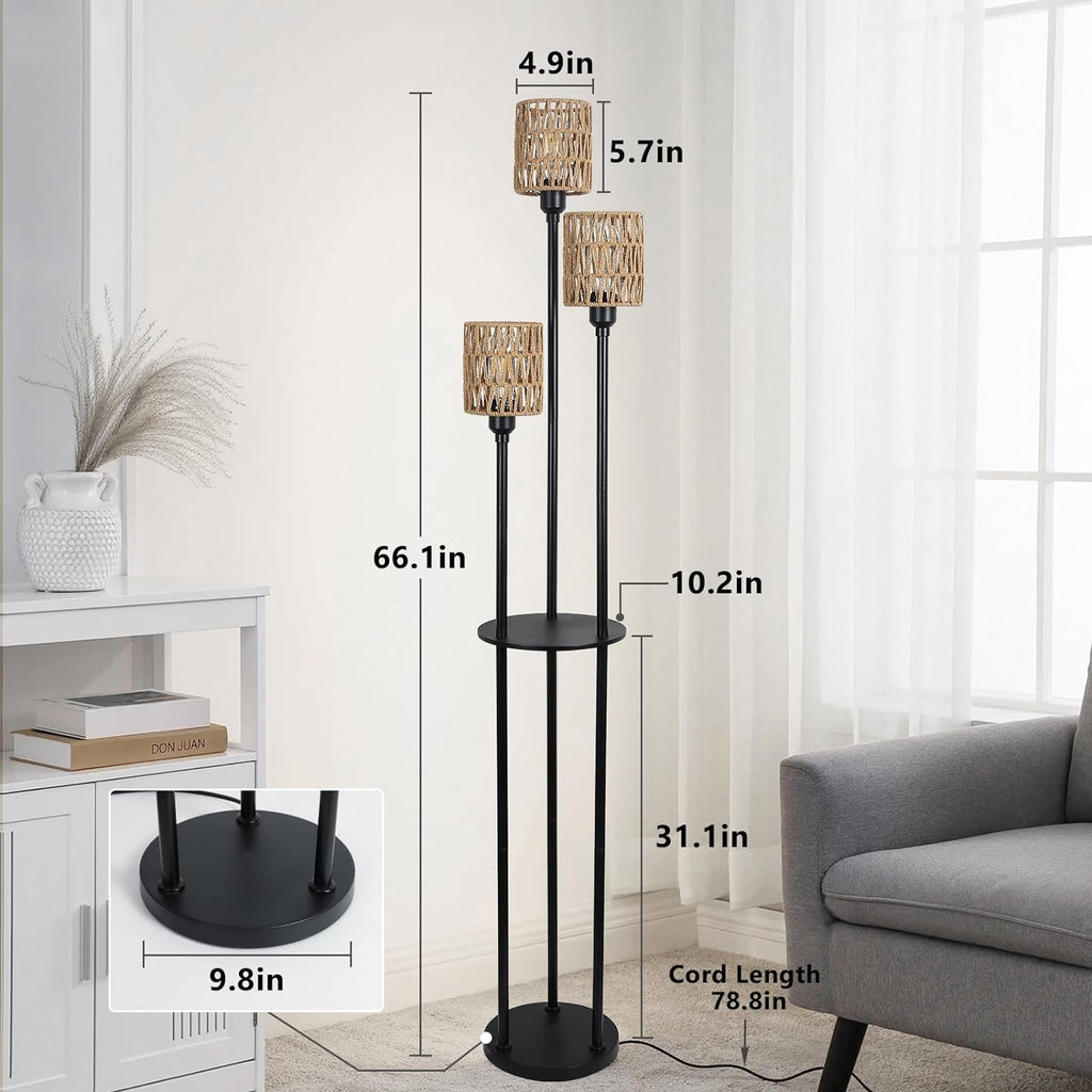 3-Light Rattan Farmhouse Floor Lamp with Shelf