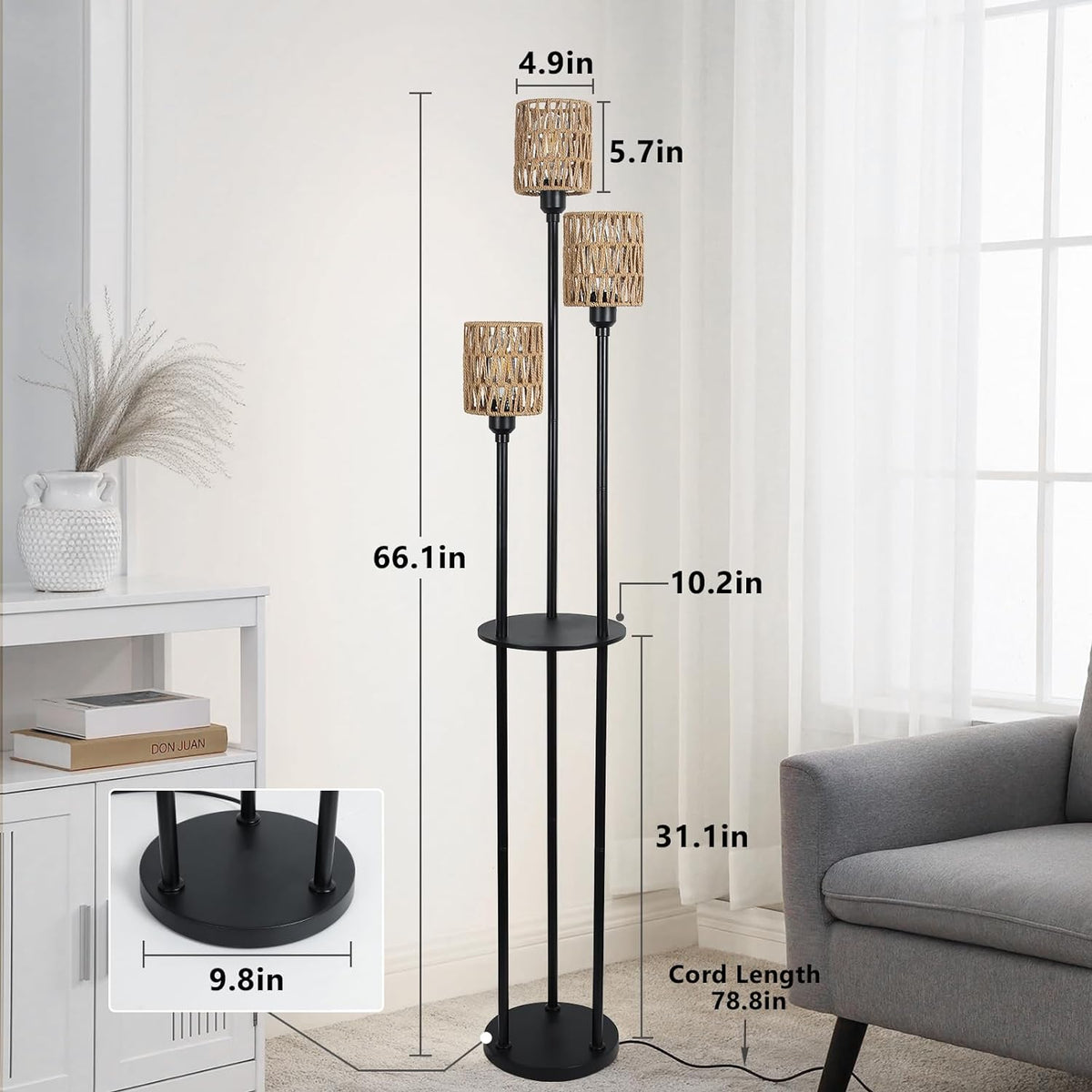 3-Light Rattan Farmhouse Floor Lamp with Shelf