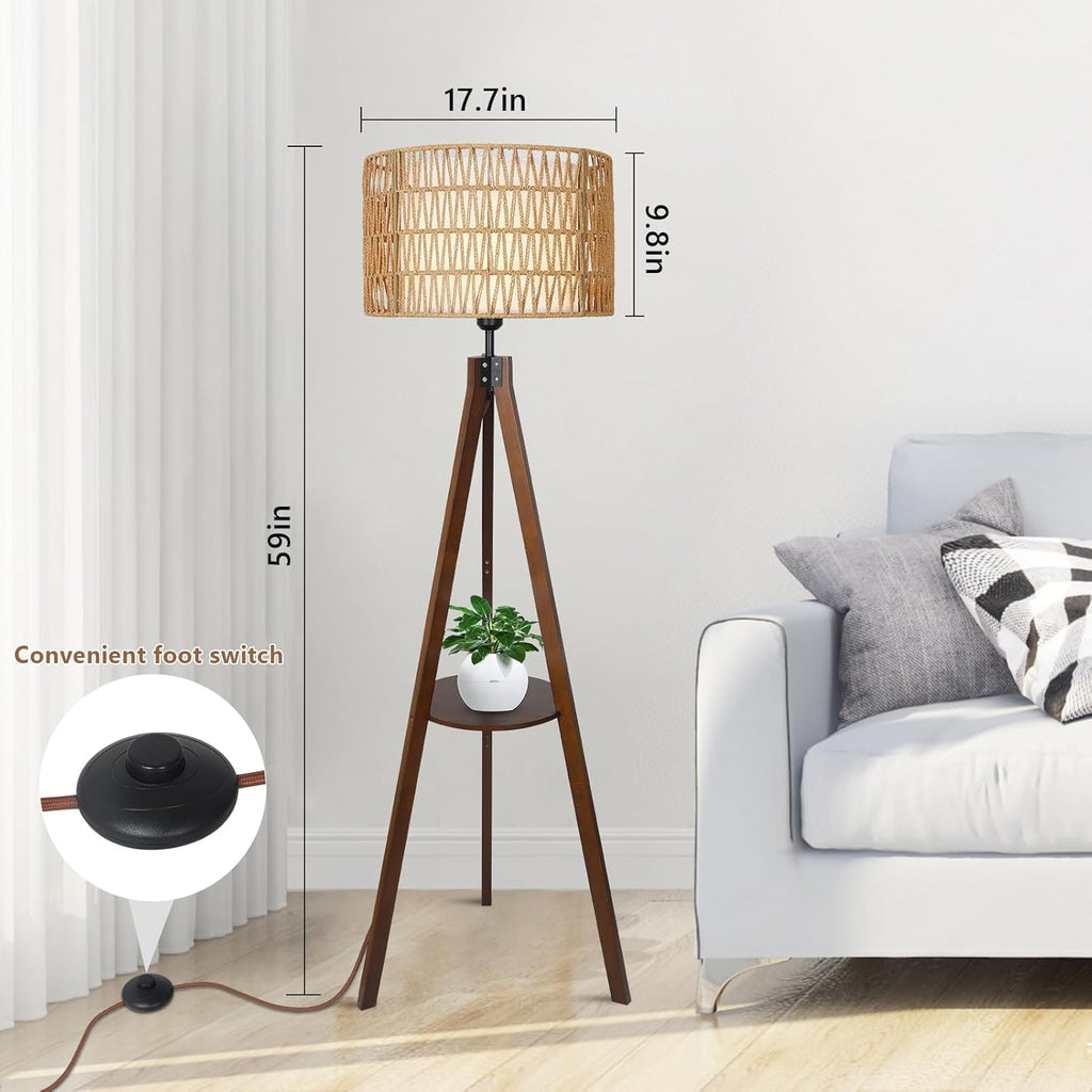 Boho Farmhouse Tripod Floor Lamp with Shelves