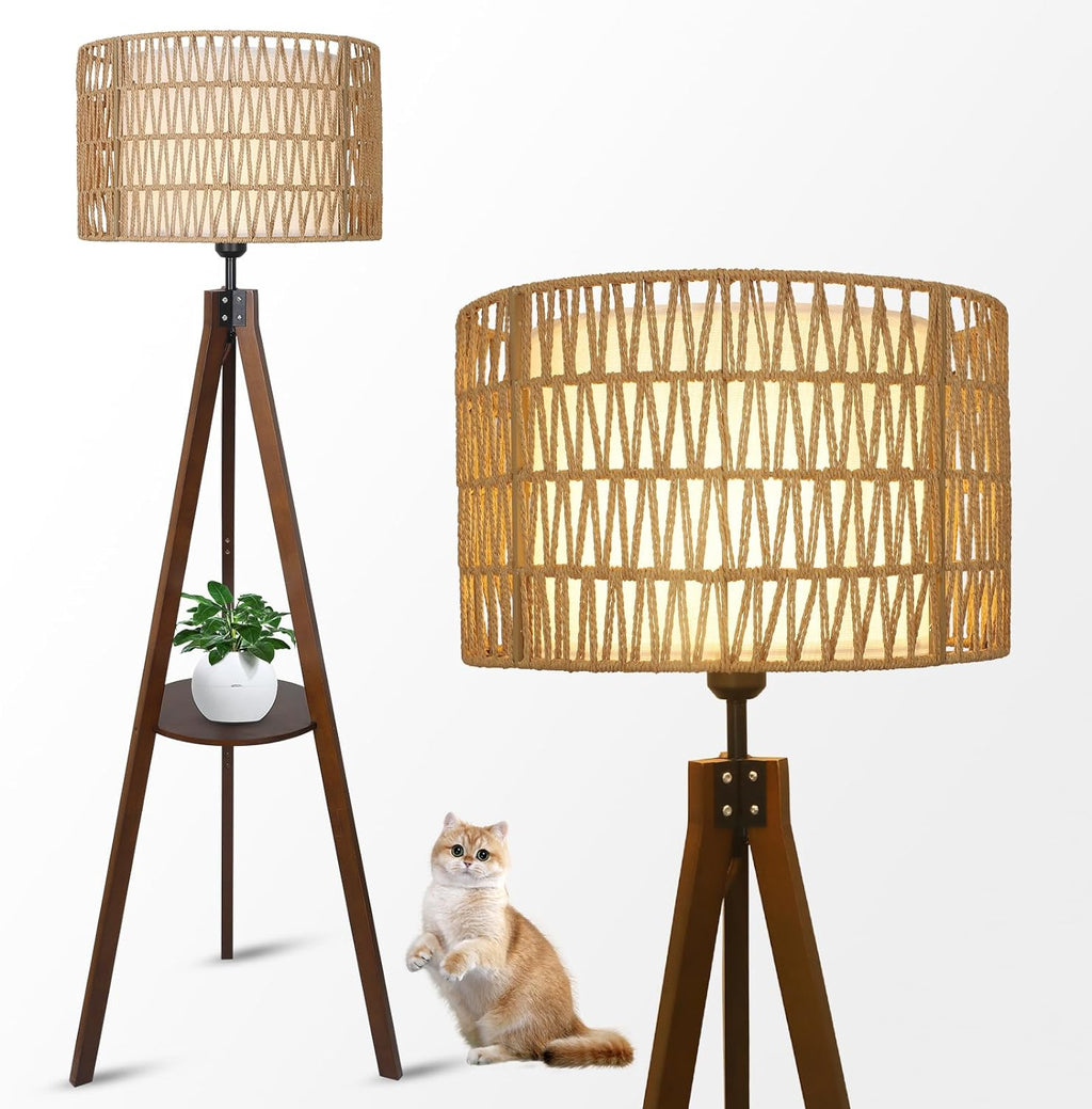 Boho Farmhouse Tripod Floor Lamp with Shelves