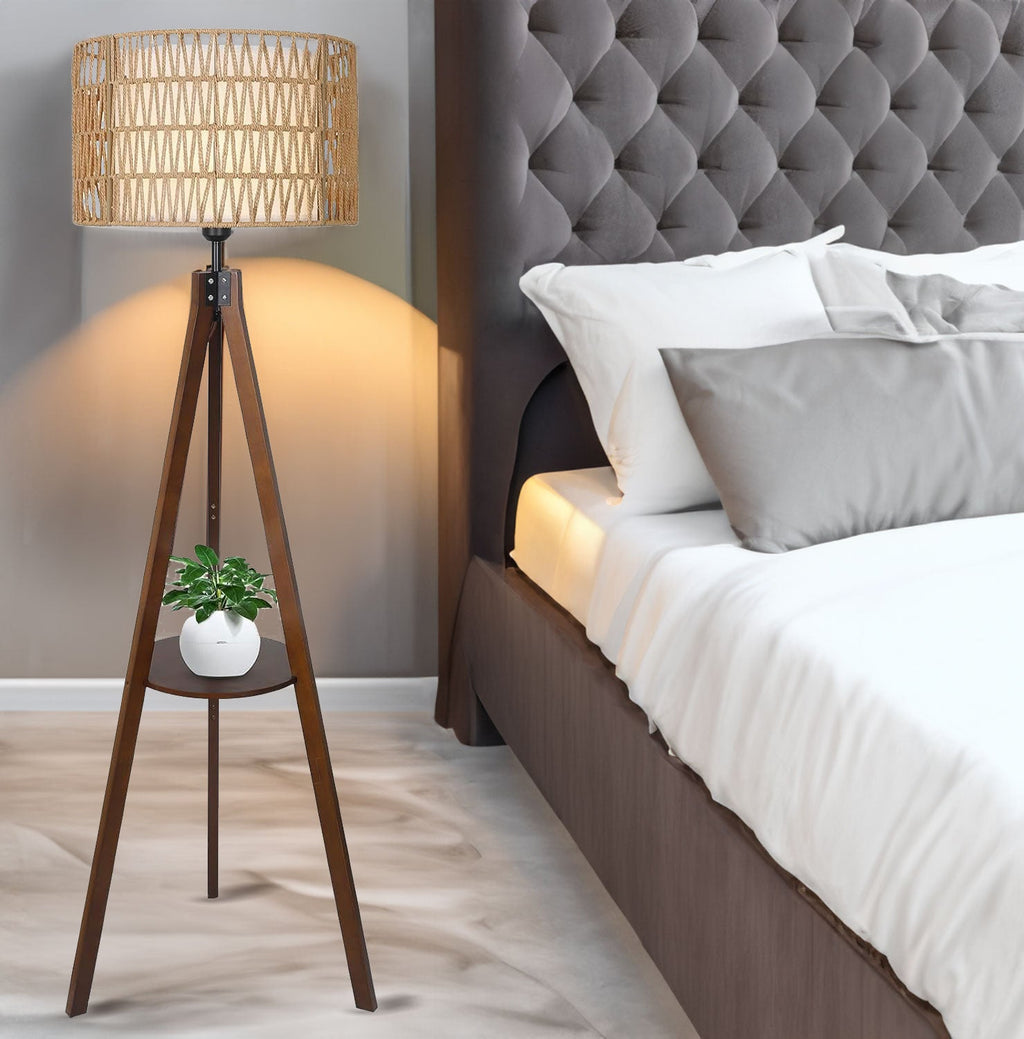 Boho Farmhouse Tripod Floor Lamp with Shelves