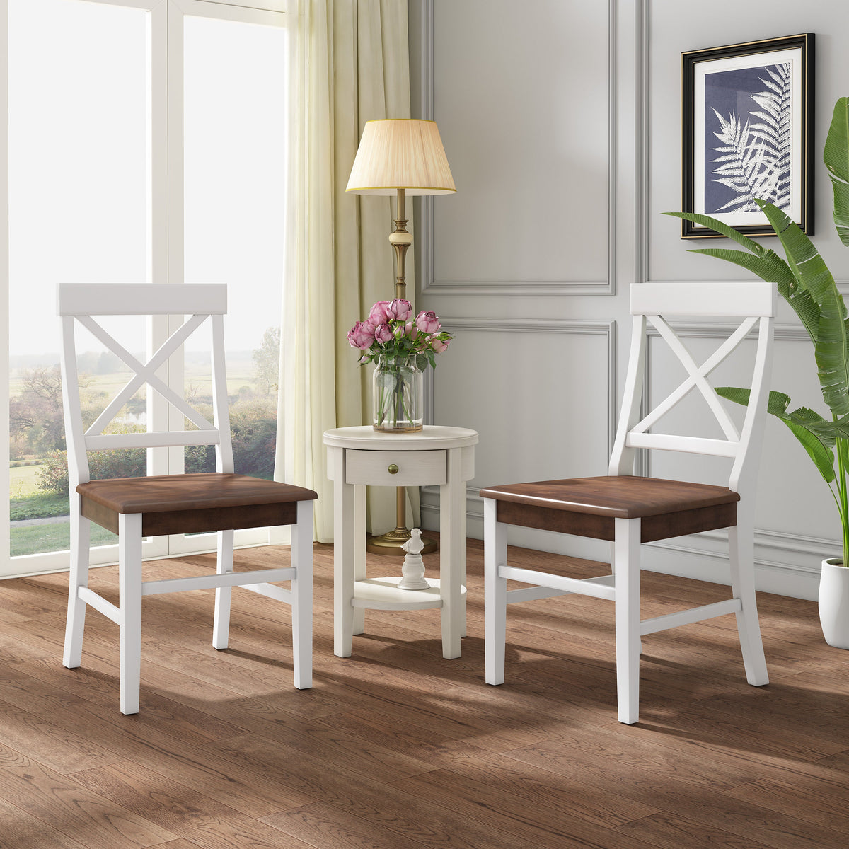 Roshan White & Walnut Acacia Farmhouse Dining Chairs – Set of 2