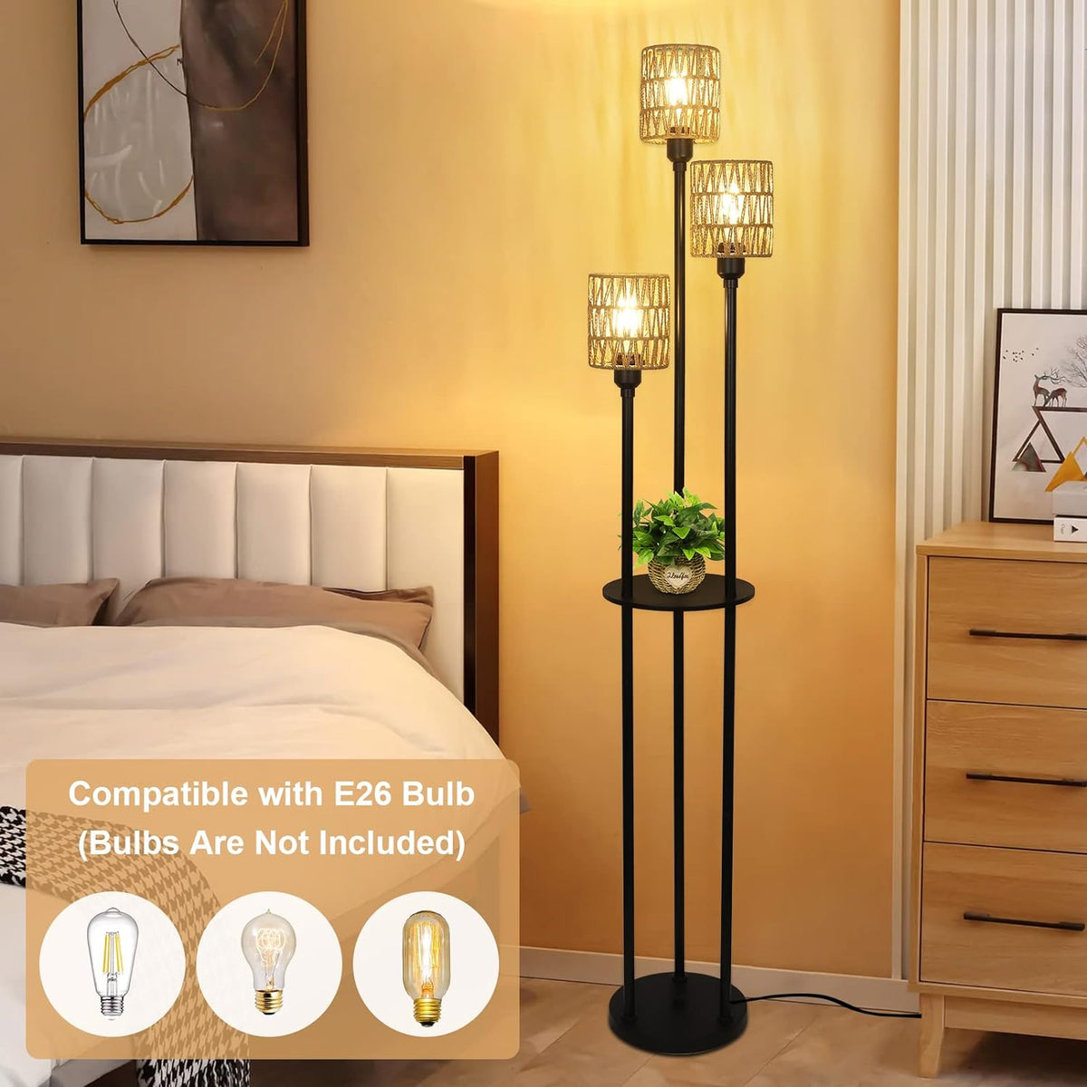 3-Light Rattan Farmhouse Floor Lamp with Shelf