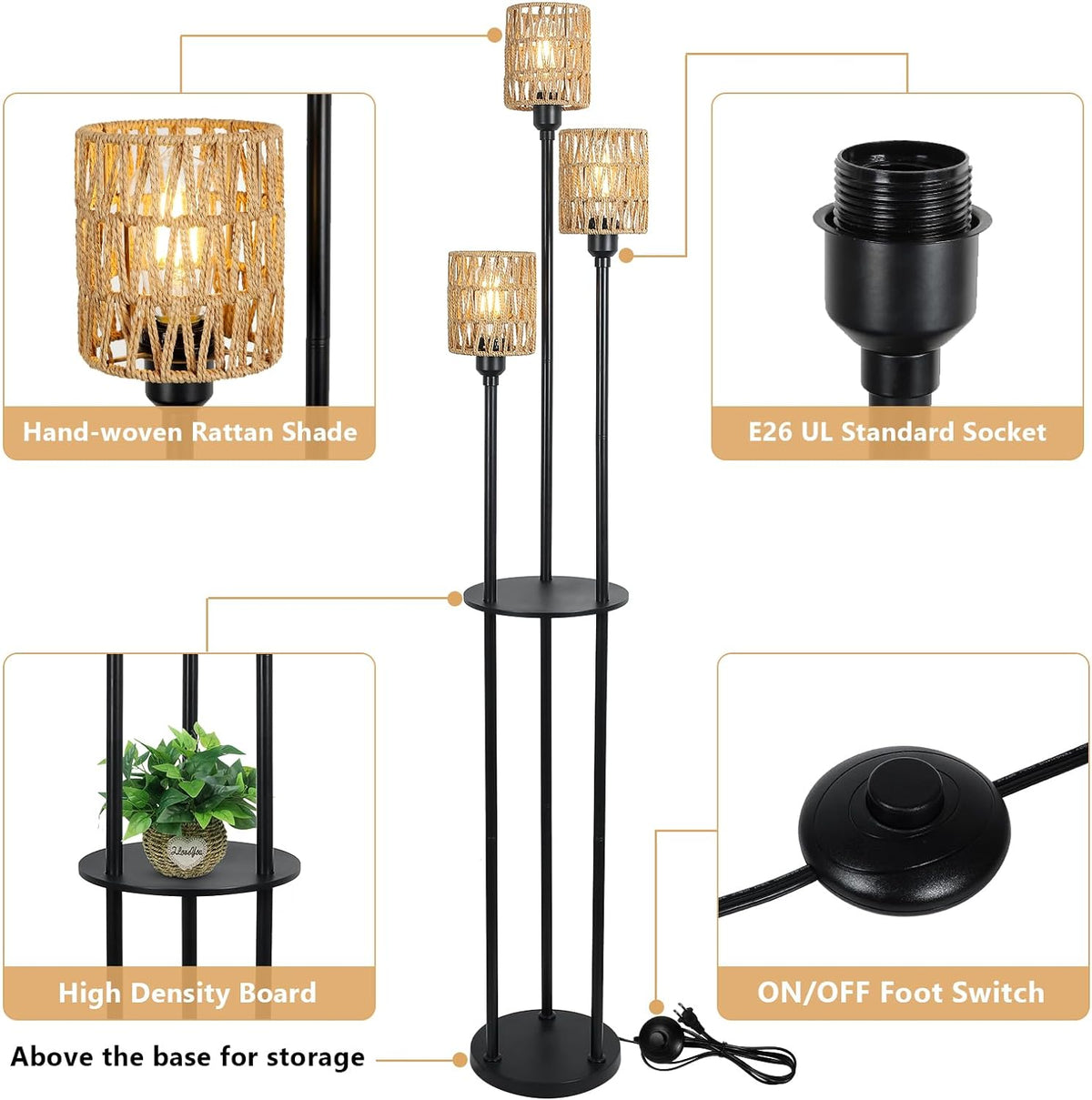 3-Light Rattan Farmhouse Floor Lamp with Shelf