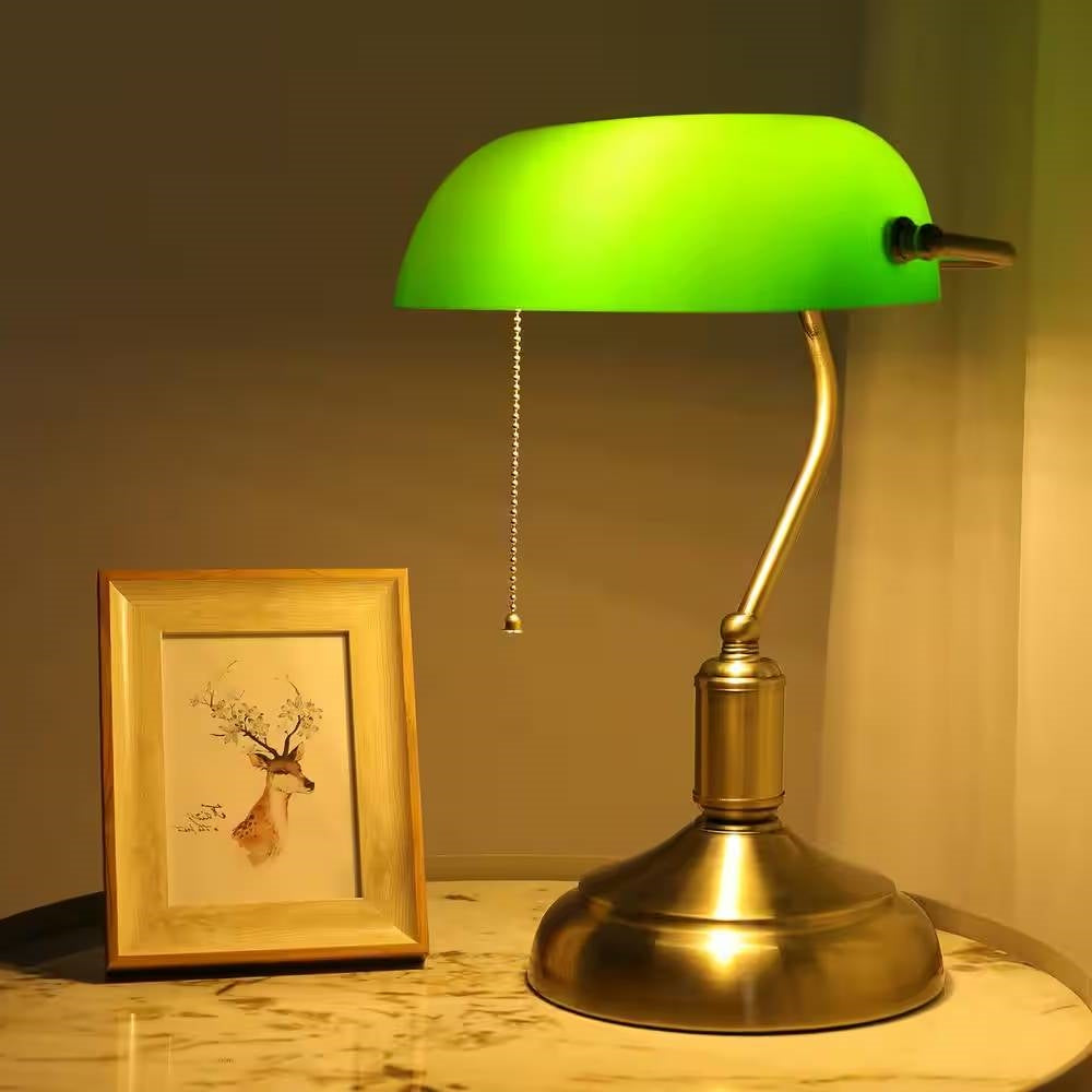 Antique Brass Banker's Table Lamp with Green Glass Shade