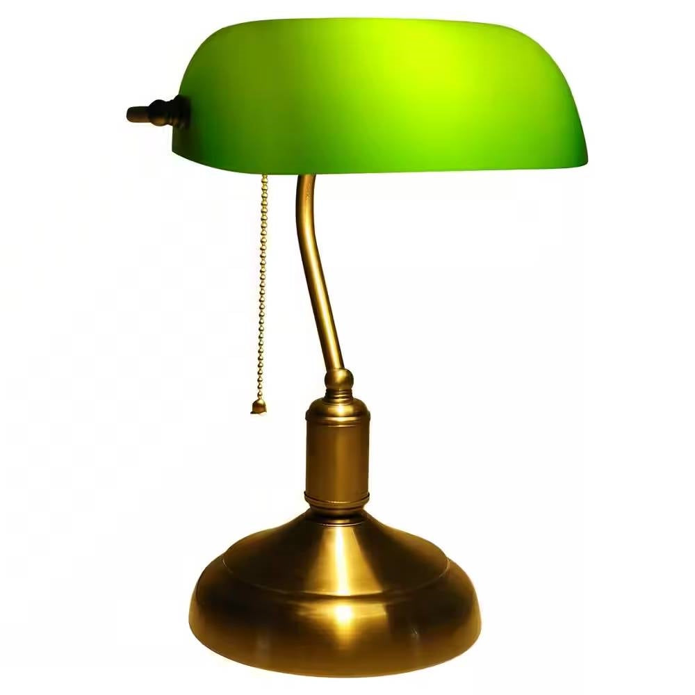 Antique Brass Banker's Table Lamp with Green Glass Shade