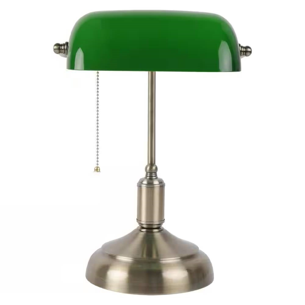 Antique Brass Banker's Table Lamp with Green Glass Shade