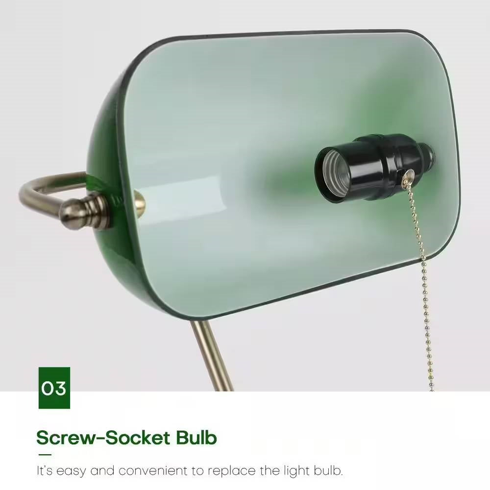 Antique Brass Banker's Table Lamp with Green Glass Shade