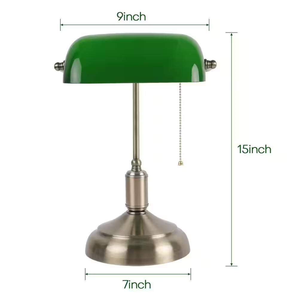 Antique Brass Banker's Table Lamp with Green Glass Shade