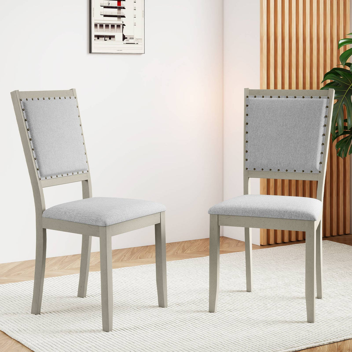 Grey Upholstered Farmhouse Dining Chairs – Set of 2